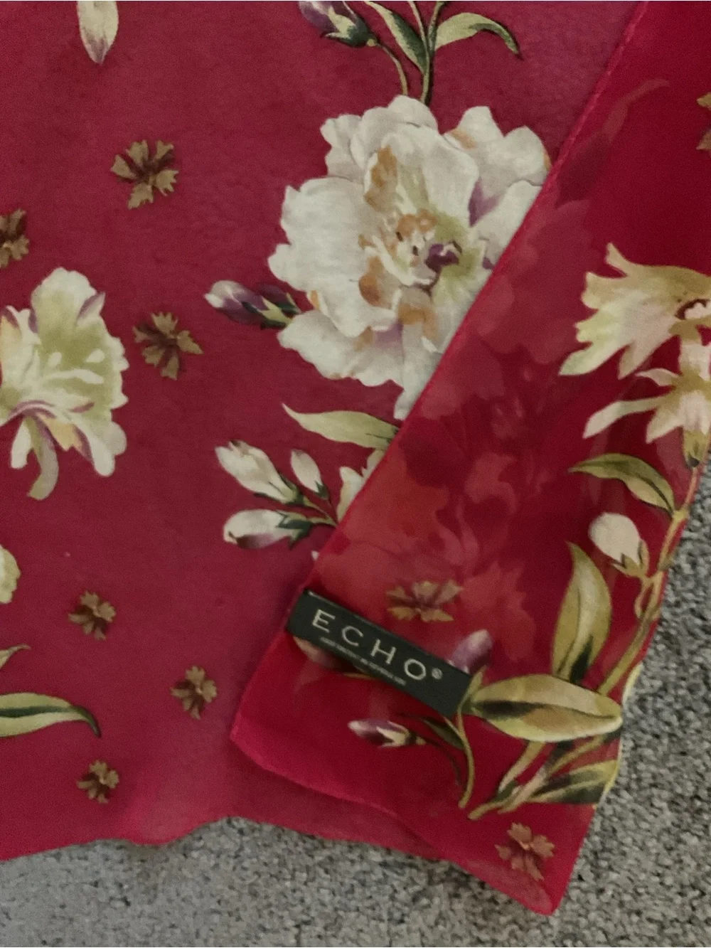 Echo Deep Red Floral Silk Scarf with Cream and Green Accents